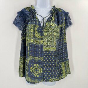 Anthropologie Current Air L Blue Patchwork Boho Blouse Ruffle Neck‎ Lace Sleeve